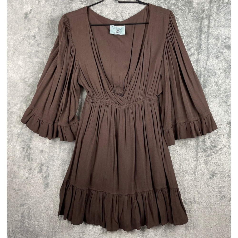 Judith March Dress Womens Medium Brown Bell‎ Ruffled Sleeve Bohemian Deep V Neck